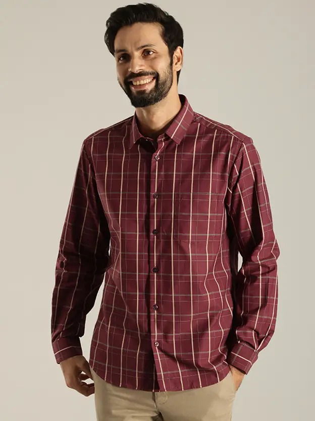 Indian Terrain Men's Slim Fit Full Sleeve Checkered Maroon Shirt